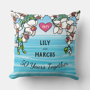 50th Anniversary Tropical Beach Orchids Cushion