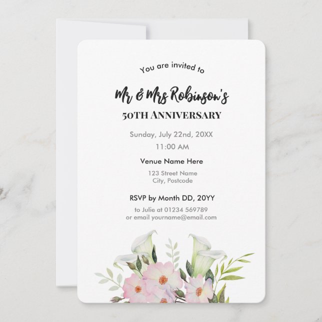 50th Anniversary Watercolor White Calla Lily Roses Invitation (Front)