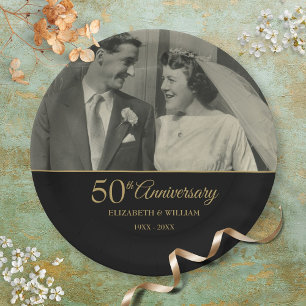 50th Anniversary Wedding Gold Black Photo Paper Plate