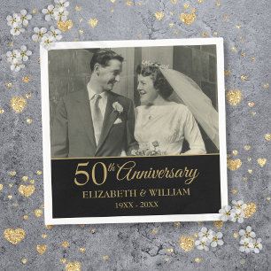 50th Anniversary Wedding Photo Elegant Gold Black Napkin