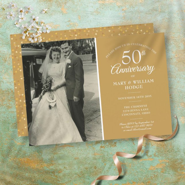 50th Anniversary Wedding Photo Gold Heart Confetti Invitation (Creator Uploaded)