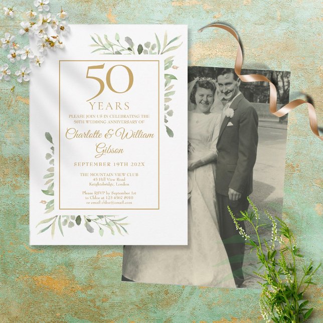 50th Anniversary Wedding Photo Greenery Watercolor Invitation (Creator Uploaded)