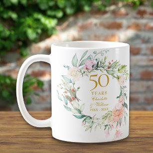 50th Anniversary Wedding Rose Watercolour Garland Coffee Mug