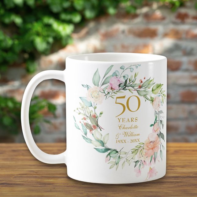 50th Anniversary Wedding Rose Watercolour Garland Coffee Mug (50th Anniversary Wedding Rose Watercolour Garland Coffee Mug)