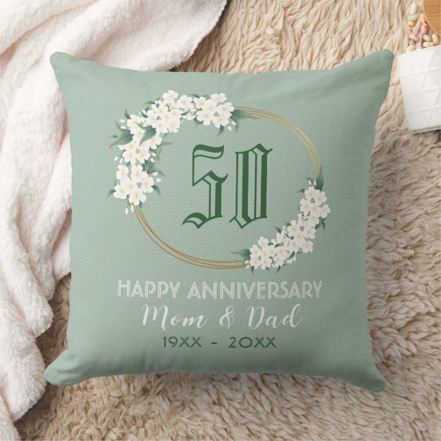 50th Anniversary White Green Floral Chinoiserie Th Cushion (Blanket)