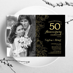 50th Anniversary With Photo - Black Gold Floral Invitation