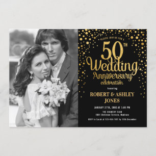 50th Anniversary with Photo - Black Gold Invitation