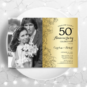 50th Anniversary With Photo - Gold Floral Invitation