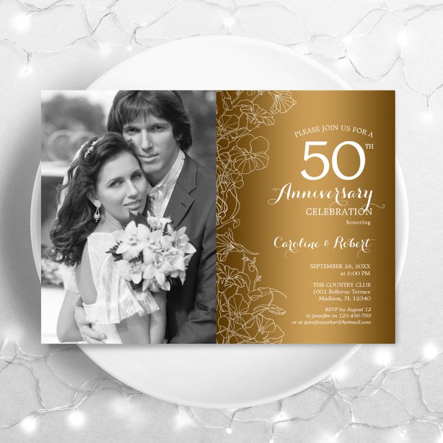 50th Anniversary With Photo - Gold White Floral Invitation (Creator Uploaded)