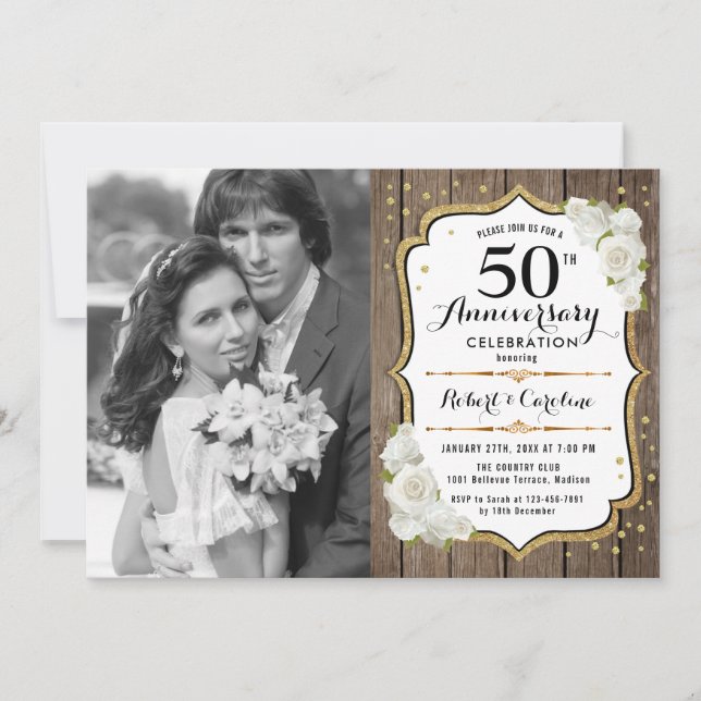 50th Anniversary with Photo - Wood Gold White Invitation (Front)