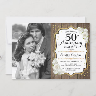 50th Anniversary with Photo - Wood Gold White Invitation