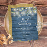 50th Anniversary Wood String Lights Save the Date Announcement Postcard<br><div class="desc">Featuring pretty string lights and delicate gold hearts confetti on a blue rustic wood background. Personalise with your special fifty years golden anniversary save the date information in chic lettering. Designed by Thisisnotme©</div>