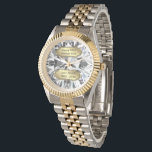 50th Anniversary Wrist Watch<br><div class="desc">A Digitalbcon Images Design featuring a gold and platinum silver colour with diamond pattern design in this one-of-a-kind "Golden Anniversary" Wrist Watch. This elegant and attractive design makes the ideal gift for Anniversaries, Birthdays, Graduations, Retirement or any special occasion in your life. It comes complete with customisable burnished gold label...</div>
