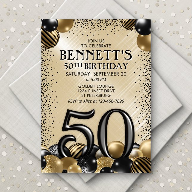 50th Balloons Black Gold Birthday Invitation (Creator Uploaded)