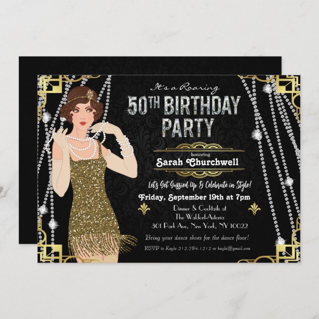 50th Birthday 1920s Gatsby Flapper Girl Birthday  Invitation (Front/Back)