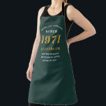50th Birthday 1971 Green Gold For Her Personalised Apron<br><div class="desc">A personalised classic design for that birthday celebration for a special woman born in 1971. Add the name to this vintage retro style , white and gold design for a custom birthday gift. Easily edit the name and year with the template provided. A wonderful custom birthday gift. More gifts and...</div>