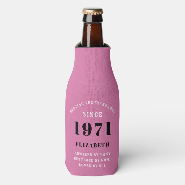 50th Birthday 1971 Pink Black For Her Personalised Bottle Cooler (Bottle Front)