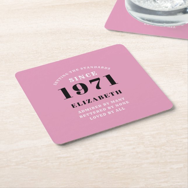 50th Birthday 1971 Pink Black For Her Personalised Square Paper Coaster (Angled)
