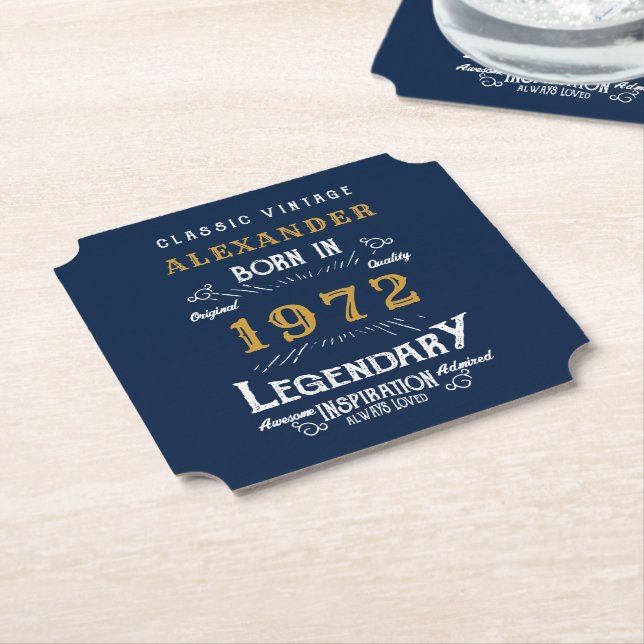  50th Birthday 1972 Add Name Legendary Blue Gold Paper Coaster (Angled)