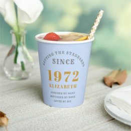 50th Birthday 1972 Elegant Blue Grey Gold Chic Paper Cups
