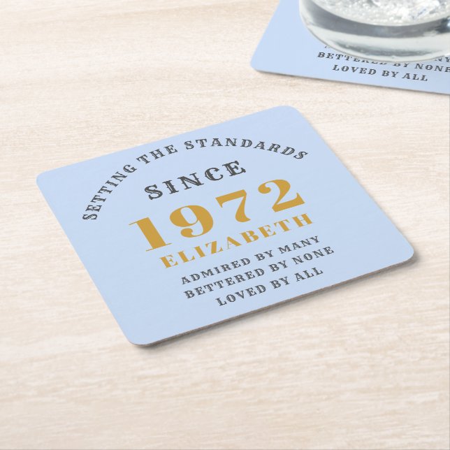 50th Birthday 1972 Elegant Gold Blue Grey Square Paper Coaster (Angled)