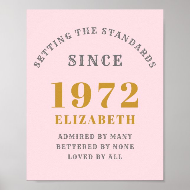 50th Birthday 1972 Elegant Pink Grey Gold Chic Poster (Front)