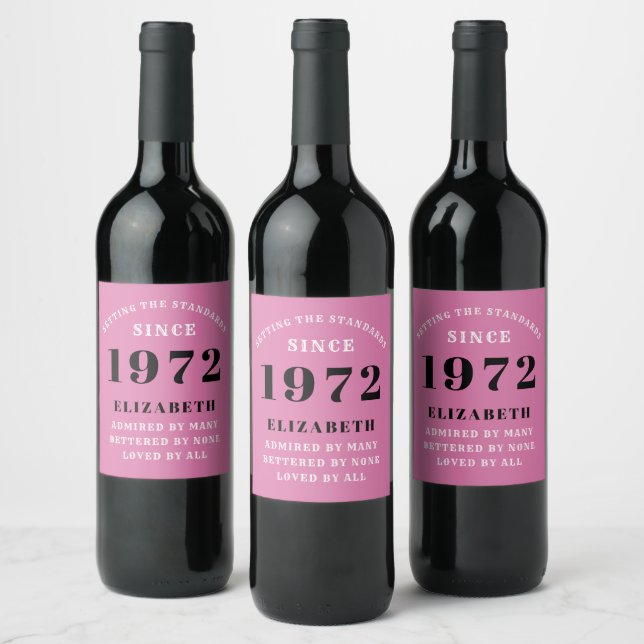 50th Birthday 1972 Girly Pink Black For Her Chic Wine Label (Bottles)