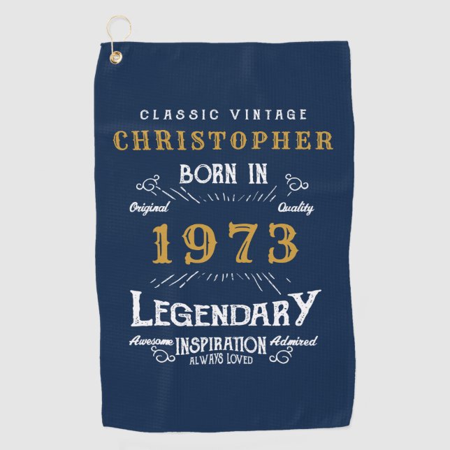 50th Birthday 1973 Add Name Legendary Blue Golf Towel (Front)