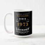 50th Birthday 1973 Add Your Name Legendary Coffee Mug<br><div class="desc">For those born in 1973 and celebrating their birthday we have the ideal birthday mug. The black background with a white and gold design is simple and yet elegant with a retro feel. Easily customise the text using the template provided. More gifts and party supplies available with the "Legendary" design...</div>
