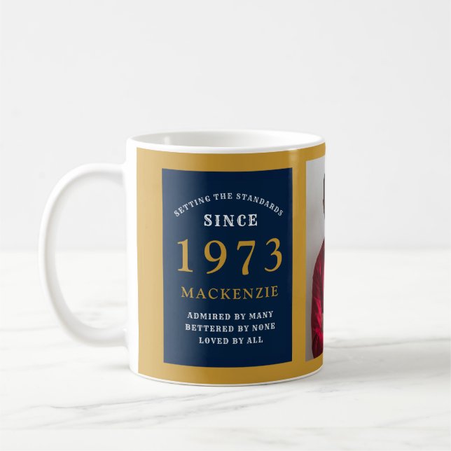 50th Birthday 1973 Blue Gold Add Name Photo Coffee Mug (Left)