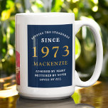 50th Birthday 1973 Blue Gold Add Name Photo Large Coffee Mug<br><div class="desc">A large blue and gold photo mug for those special people. Easily customise the text and photo using the template provided. Part of the setting standards range.</div>