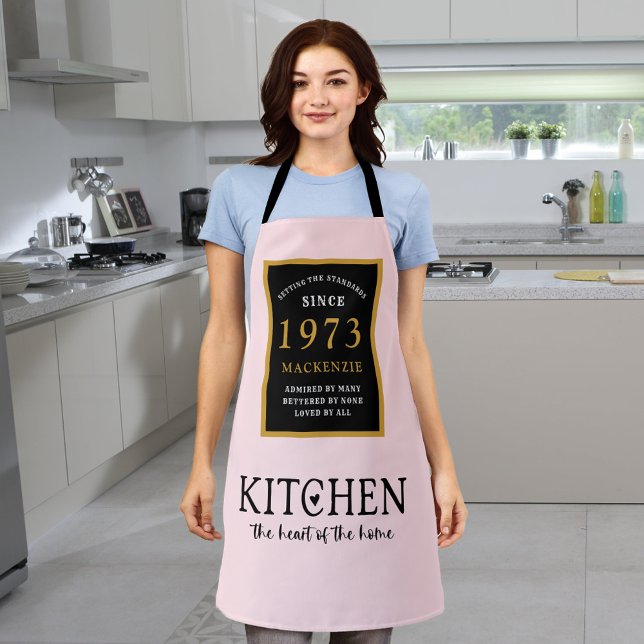 50th Birthday 1973 Name Elegant Black Gold Pink Apron (Creator Uploaded)