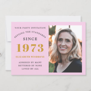 50th Birthday 1973 Name Photo Pink Grey Invitation