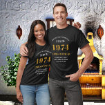 50th Birthday 1974 Add Name Black Gold Party T-Shirt<br><div class="desc">Custom 50th Birthday Guest of Honour Black and Gold T-Shirt – Born 1974 Edition. Celebrate your milestone birthday in style with our Custom 50th Birthday Guest of Honour t-shirt. Our black and gold tee is the perfect statement piece for this special occasion. With a design that proudly features '1974', wear...</div>