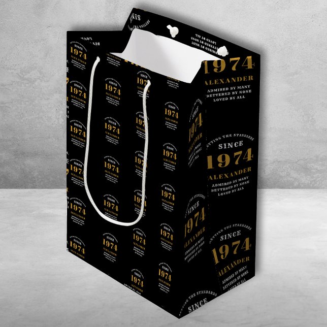 50th Birthday 1974 Black Gold Chic Elegant Medium Gift Bag (50th Birthday Chic 1974 Themed Black & Gold Elegant Gift Bags. )