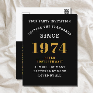 50th Birthday 1974 Black Gold Invitation Postcard