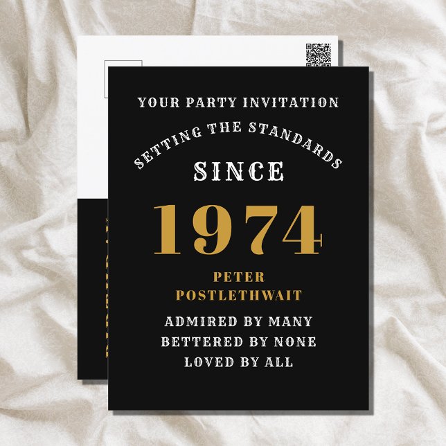 50th Birthday 1974 Black Gold Invitation Postcard (Elegant Black and Gold 50th Birthday Invitation - Create Your Own Personalized Design.)