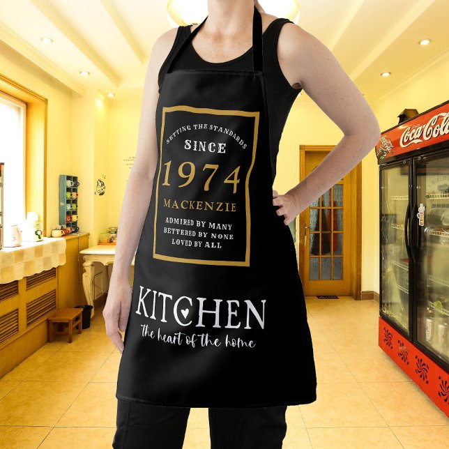 50th Birthday 1974 Name Elegant Black Gold Chic Apron (Elegant Black & Gold Chic Apron - 50th Birthday 1974 Name Personalized Kitchen & BBQ Essentials.)
