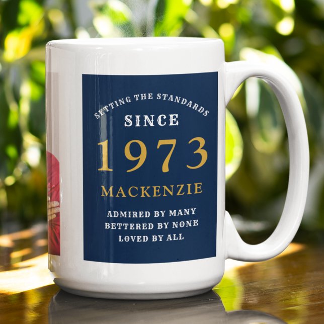 50th Birthday 1975 Blue Gold Add Name Photo Large Coffee Mug (Creator Uploaded)