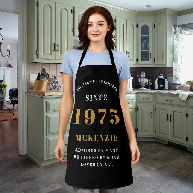 50th Birthday 1975 Name Chic Elegant Black Gold Apron (long black 50th birthday apron for those born 1975)