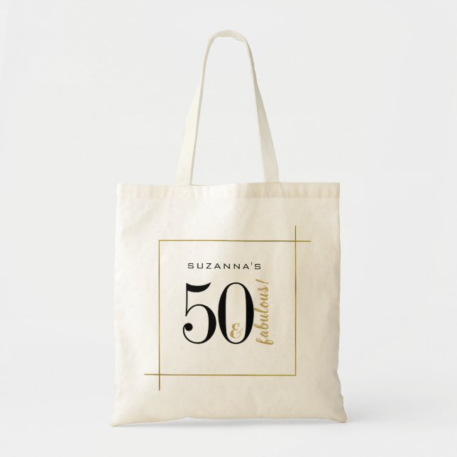 50th Birthday 50 and Fabulous  Black and Gold Tote Bag (Front)