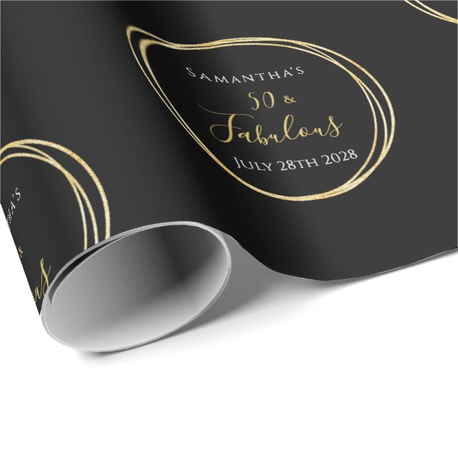 50th Birthday 50 and Fabulous Black Gold Birthday Wrapping Paper (Roll Corner)