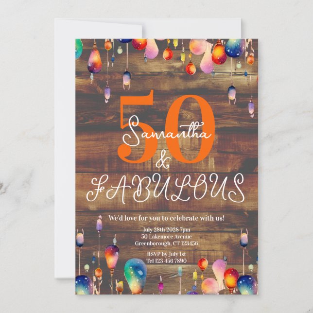 50th Birthday 50 and Fabulous Lights Rustic Invitation (Front)