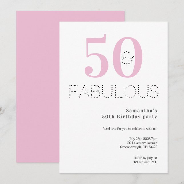 50th Birthday 50 and Fabulous Pink Party Invitation (Front/Back)