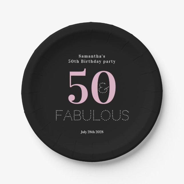 50th Birthday 50 Fabulous Black Pink Party Paper Plate (Front)