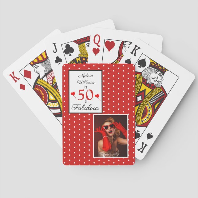 50th Birthday 50 & Fabulous Custom Red White Dots Playing Cards (Back)