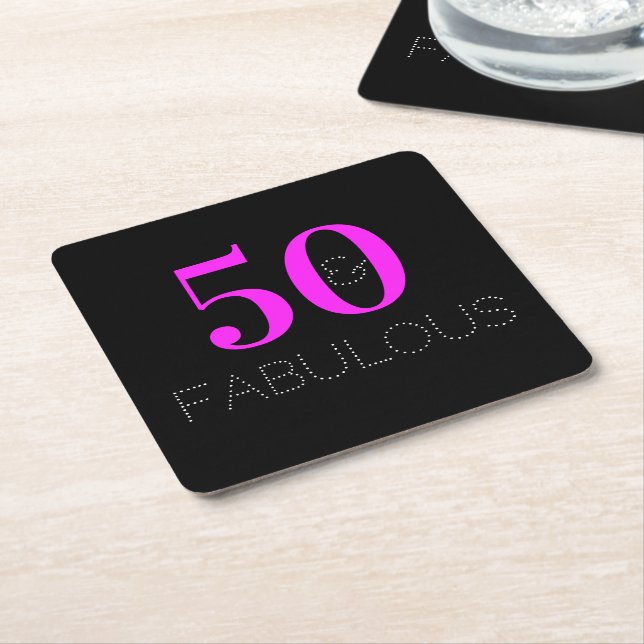 50th Birthday 50 fabulous Neon Pink Black Party Square Paper Coaster (Angled)