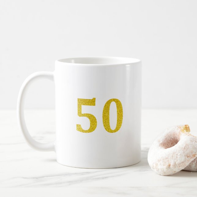 50th Birthday 50 Fifty Fiftieth Gold Glitter White Coffee Mug (With Donut)