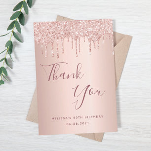 50th birthday 50 rose gold glitter drips glamourou thank you card