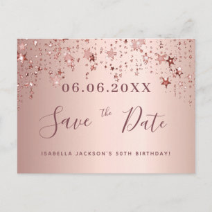 50th birthday 50 rose gold stars save the date postcard
